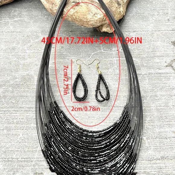 Necklace & Earrings Layered Multi Strand Bead Dangle Elegant Statement Marcasite - Picture 4 of 4